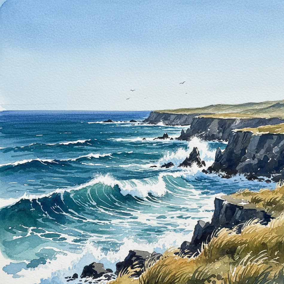 Coastal scene with waves crashing against cliffs and a clear blue sky.