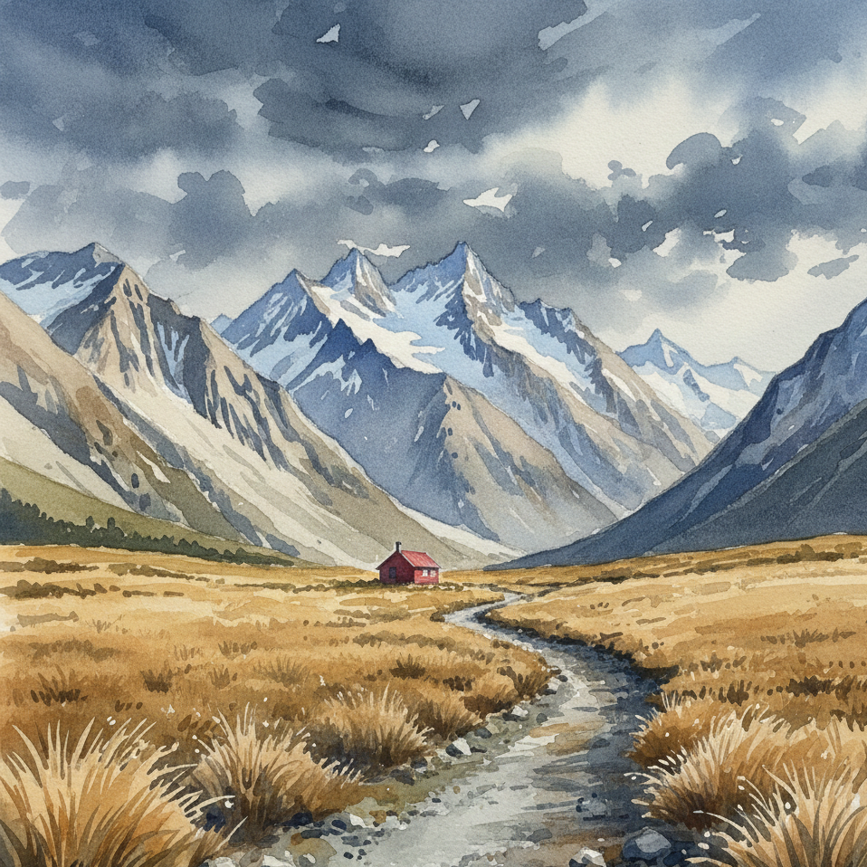 Painting of a mountain landscape with a red house and a stream.