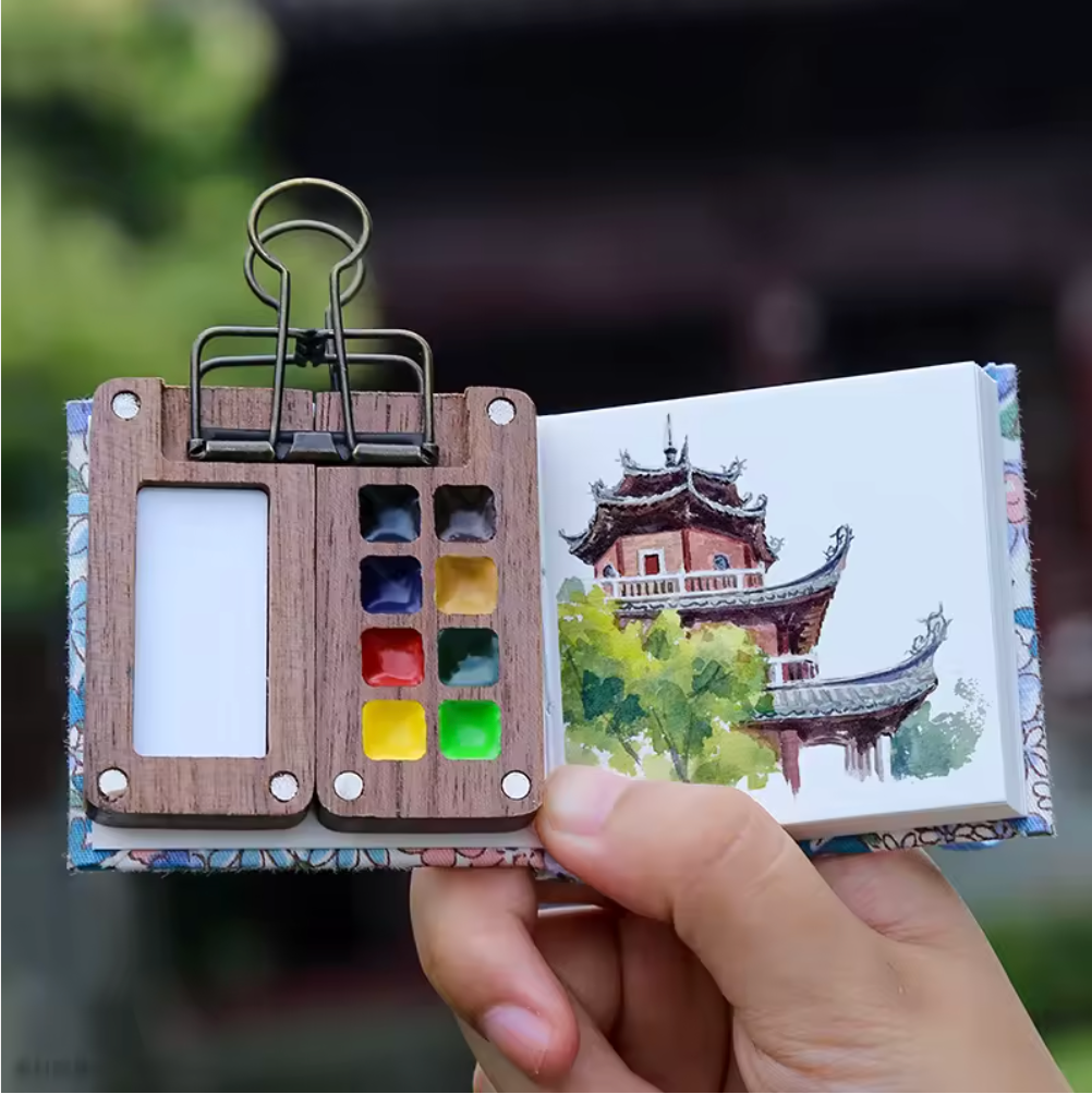 8-Colour Travel Solid Watercolour Set – Walnut Wood Pocket Painting Kit
