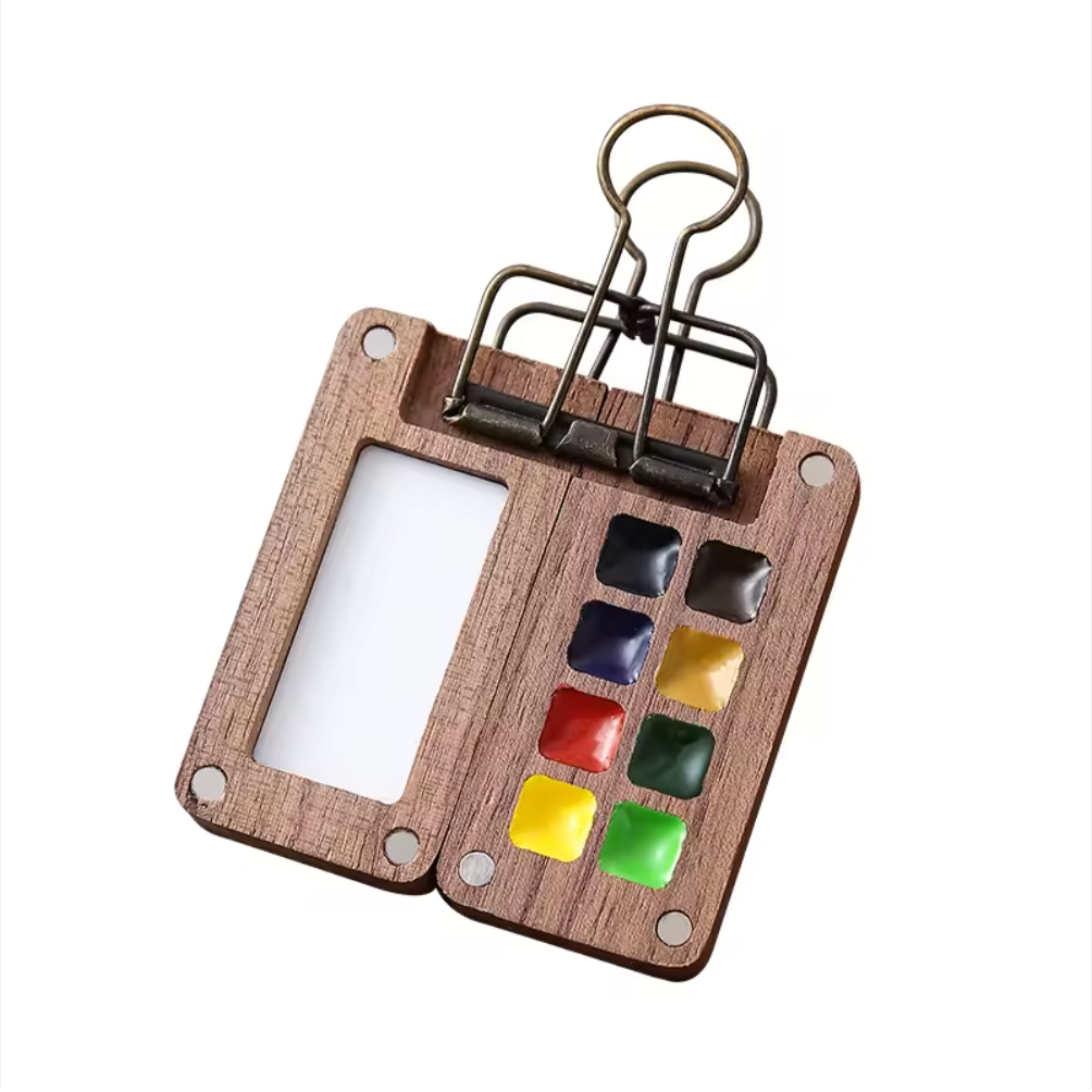 8-Colour Travel Solid Watercolour Set – Walnut Wood Pocket Painting Kit